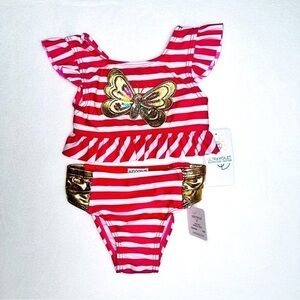 Flapdoodles 2 Piece Tankini Swim Suit Pink Gold Sequin‎ Butterfly NWT